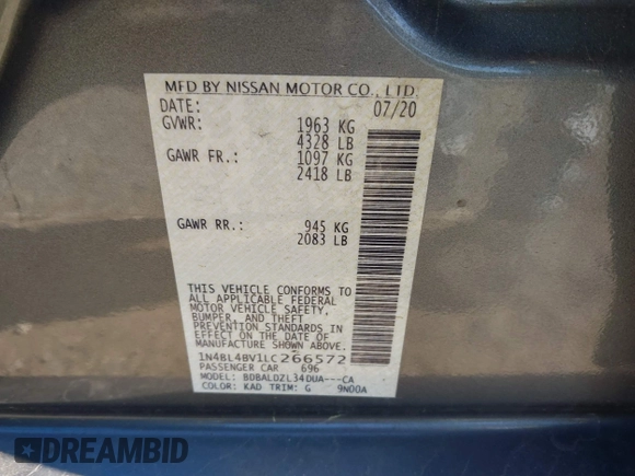 2020 Nissan Altima 2.5 S with VIN 1N4BL4BV1LC266572, listed as a IAAI auction lot 42006224 with 66,043 mi miles. Bid and sale history available at carsss.com. Image 9.