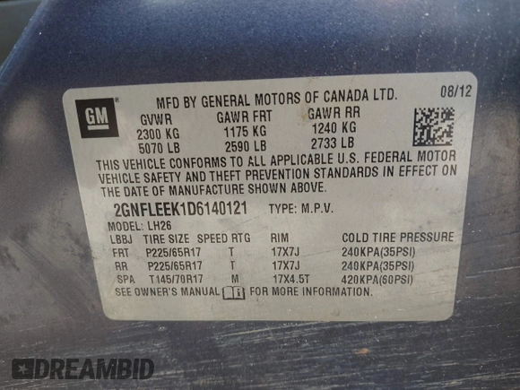 2013 Chevrolet Equinox LT with VIN 2GNFLEEK1D6140121, listed as a IAAI auction lot 42103196 with 143,335 mi miles and . Bid and sale history available at DreamBid. Image 9.