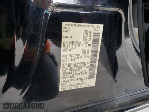 2012 Nissan Frontier SV with VIN 1N6AD0ER9CC428729, listed as a Copart auction lot 60678075 with 170,684 mi miles and Salvage title. Bid and sale history available at DreamBid. Image 12.