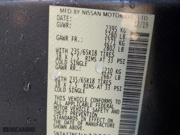 2020 Nissan Murano SV with VIN 5N1AZ2BS1LN122535, listed as a Copart auction lot 43111555 with 80,785 mi miles and Salvage Title. Bid and sale history available at carsss.com. Image 13.
