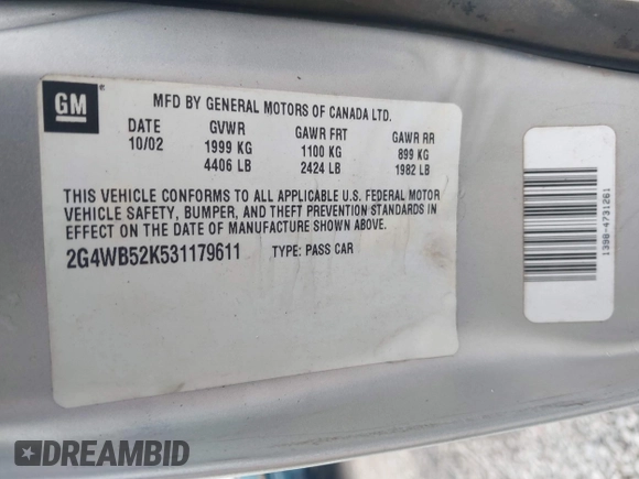 2003 Buick Regal LS с VIN 2G4WB52K531179611, выставлен на аукционе IAAI как лот 41898103 с пробегом 119 837 миль миль и . История ставок и продаж доступна на DreamBid. Изображение 9.