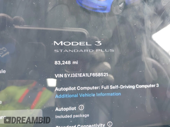 2020 Tesla Model 3 Standard Range Plus with VIN 5YJ3E1EA1LF658521, listed as a IAAI auction lot 41804722 with 83,248 mi miles and . Bid and sale history available at DreamBid. Image 7.