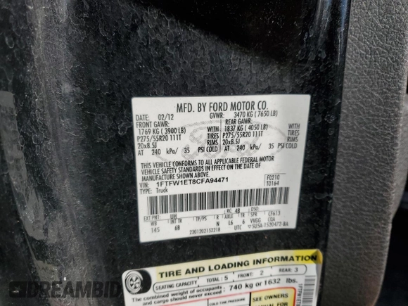 2012 Ford F-150 XL with VIN 1FTFW1ET8CFA94471, listed as a Copart auction lot 44246595 with 153,033 mi miles and Clean Title. Bid and sale history available at carsss.com. Image 14.