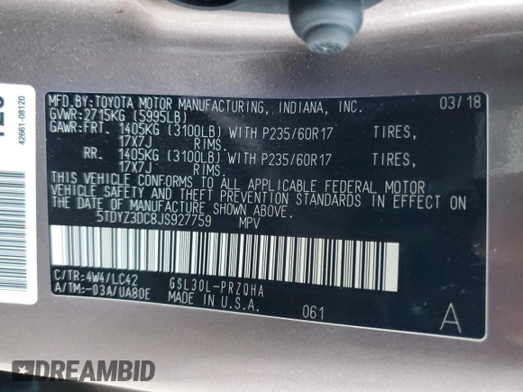 2018 Toyota Sienna XLE Auto Access Seat with VIN 5TDYZ3DC8JS927759, listed as a Copart auction lot 50383465 with 141,807 mi miles and Salvage title. Bid and sale history available at DreamBid. Image 14.