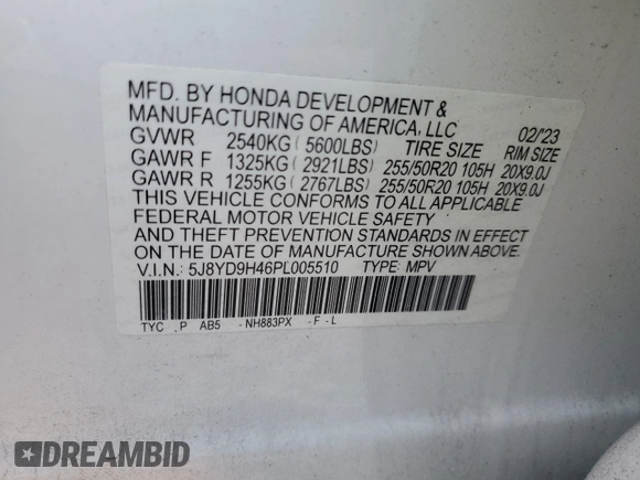 2023 Acura MDX w/Technology Package with VIN 5J8YD9H46PL005510, listed as a Copart auction lot 83422284 with 35,681 mi miles and Salvage Title. Bid and sale history available at carsss.com. Image 15.