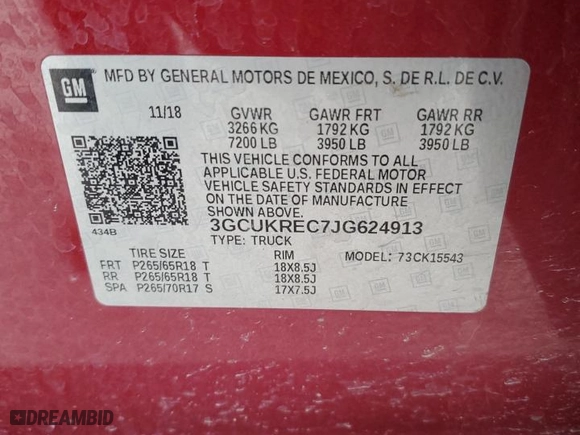 2018 Chevrolet Silverado 1500 LT with VIN 3GCUKREC7JG624913, listed as a Copart auction lot 49699435 with 0 mi miles and Clean Title. Bid and sale history available at carsss.com. Image 12.
