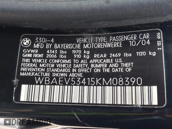 2005 BMW 3 Series 330i with VIN WBAEV53415KM08390, listed as a IAAI auction lot 41507259 with 192,211 mi miles. Bid and sale history available at carsss.com. Image 9.