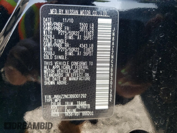 2011 Infiniti QX56 8-passenger with VIN JN8AZ2NC3B9301292, listed as a Copart auction lot 64829454 with 175,001 mi miles and Salvage Title. Bid and sale history available at carsss.com. Image 13.