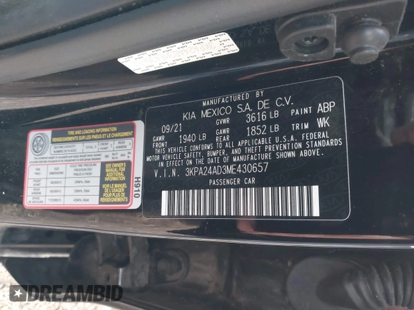 2021 Kia Rio LX with VIN 3KPA24AD3ME430657, listed as a IAAI auction lot 41903102 with 29,473 mi miles and . Bid and sale history available at DreamBid. Image 9.