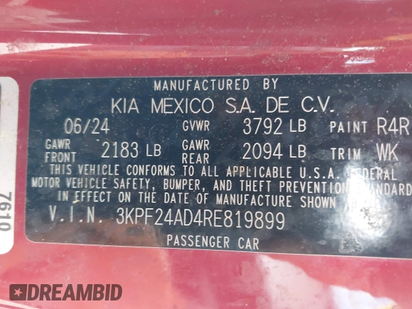 2024 Kia Forte LXS with VIN 3KPF24AD4RE819899, listed as a IAAI auction lot 41796645 with 43,511 mi miles. Bid and sale history available at carsss.com. Image 9.