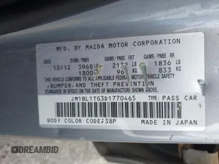 2013 Mazda 3 i SV with VIN JM1BL1TG3D1770465, listed as a IAAI auction lot 42273000 with 190,627 mi miles and . Bid and sale history available at DreamBid. Image 9.