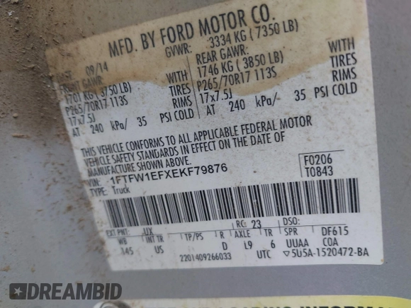 2014 Ford F-150 XL with VIN 1FTFW1EFXEKF79876, listed as a IAAI auction lot 42011856 with 161,366 mi miles and . Bid and sale history available at carsss.com. Image 9.