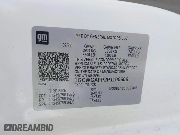 2023 Chevrolet Express Cargo with VIN 1GCWGAFP2P1100606, listed as a IAAI auction lot 42450171 with 34,000 mi miles and . Bid and sale history available at DreamBid. Image 9.