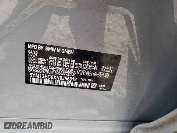 2022 BMW X3 M z VIN 5YM13EC0XN9J56822, wystawiony jako Copart lot #49873974 z przebiegiem 7396 mil mil oraz Szkoda całkowita • Salvage title. Historia ofert i sprzedaży dostępna na DreamBid. Obrazek 13.
