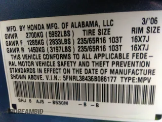 2006 Honda Odyssey EX with VIN 5FNRL38436B086177, listed as a IAAI auction lot 41219596 with 123,455 mi miles. Bid and sale history available at carsss.com. Image 9.