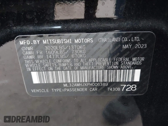 2023 Mitsubishi Mirage Black Edition with VIN ML32AWHJXPH006389, listed as a IAAI auction lot 40732836 with 5,971 mi miles and . Bid and sale history available at DreamBid. Image 9.
