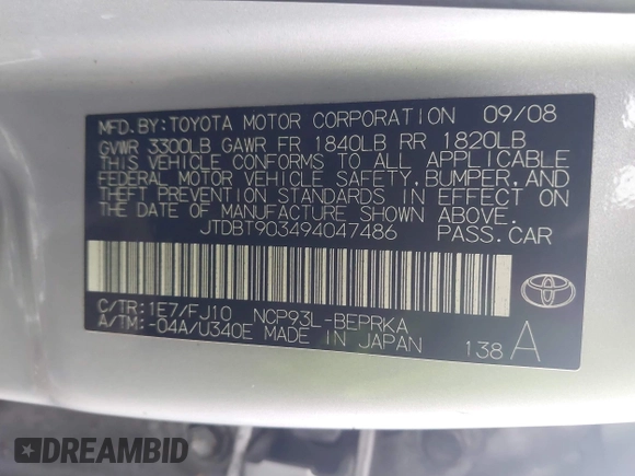 2009 Toyota Yaris with VIN JTDBT903494047486, listed as a IAAI auction lot 42173242 with 145,225 mi miles. Bid and sale history available at carsss.com. Image 9.