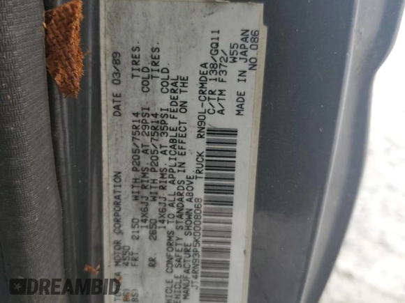 1989 Toyota Pickup DLX z VIN JT4RN93P5K0008068, wystawiony jako Copart lot #58843695 z przebiegiem 285 895 mil mil oraz Czysty tytuł • Clean title. Historia ofert i sprzedaży dostępna na DreamBid. Obrazek 12.