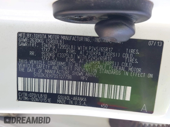 2013 Toyota Highlander z VIN 5TDZK3EH7DS127798, wystawiony jako IAAI lot #42372808 z przebiegiem 176 190 mil mil oraz . Historia ofert i sprzedaży dostępna na DreamBid. Obrazek 9.