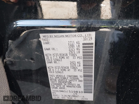 2020 Infiniti QX60 Luxe with VIN 5N1DL0MN2LC519810, listed as a IAAI auction lot 41593542 with Not provided miles and . Bid and sale history available at DreamBid. Image 9.