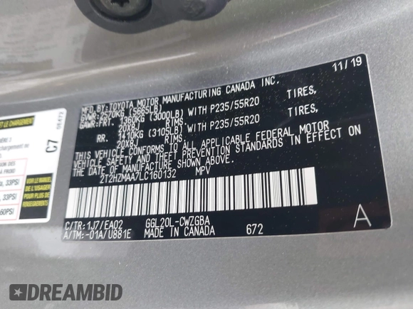 2020 Lexus RX 350 with VIN 2T2HZMAA7LC160132, listed as a IAAI auction lot 41935300 with 60,723 mi miles and . Bid and sale history available at DreamBid. Image 9.