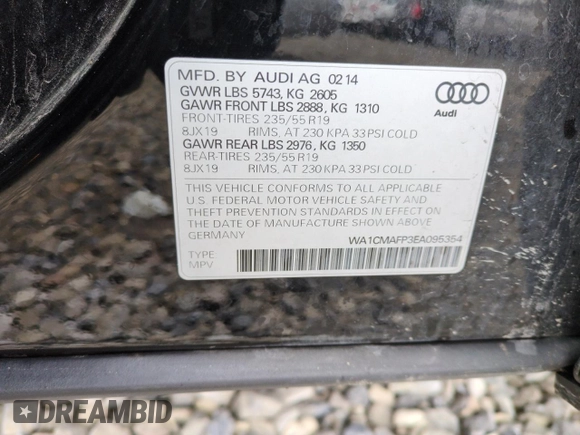 2014 Audi Q5 Premium Plus with VIN WA1CMAFP3EA095354, listed as a Copart auction lot 82421174 with 146,500 mi miles and Salvage title. Bid and sale history available at DreamBid. Image 12.