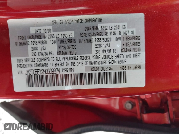 2021 Mazda CX-9 Signature with VIN JM3TCBEY2M0509874, listed as a IAAI auction lot 42492202 with 69,153 mi miles and . Bid and sale history available at DreamBid. Image 9.