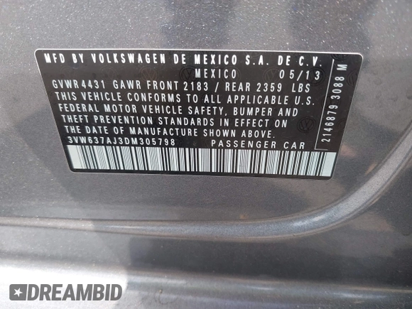 2013 Volkswagen Jetta Hybrid SE with VIN 3VW637AJ3DM305798, listed as a IAAI auction lot 42736297 with 156,972 mi miles and . Bid and sale history available at DreamBid. Image 9.