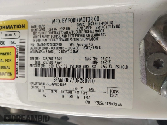 2013 Ford Fusion SE with VIN 3FA6P0H77DR280910, listed as a IAAI auction lot 42056184 with 186,346 mi miles. Bid and sale history available at carsss.com. Image 9.