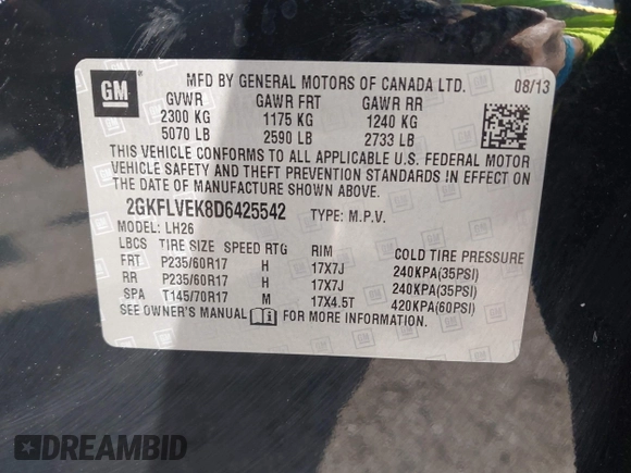 2013 GMC Terrain SLT with VIN 2GKFLVEK8D6425542, listed as a IAAI auction lot 41899101 with 177,378 mi miles and . Bid and sale history available at carsss.com. Image 9.