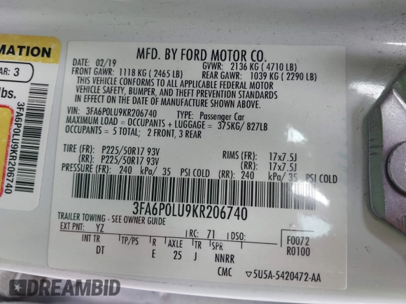 2019 Ford Fusion Hybrid SE with VIN 3FA6P0LU9KR206740, listed as a IAAI auction lot 41933661 with 143,111 mi miles. Bid and sale history available at carsss.com. Image 9.