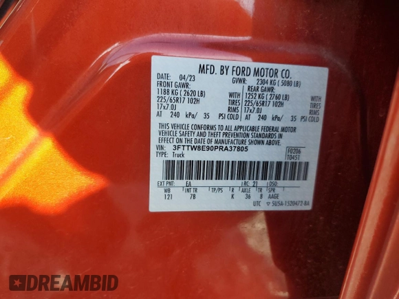2023 Ford Maverick XL with VIN 3FTTW8E90PRA37805, listed as a Copart auction lot 49295315 with 19,388 mi miles and Salvage Title. Bid and sale history available at DreamBid. Image 14.