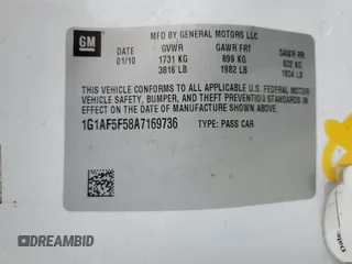 2010 Chevrolet Cobalt 2LT with VIN 1G1AF5F58A7169736, listed as a Copart auction lot 55512255 with 189,656 mi miles and Salvage Title. Bid and sale history available at DreamBid. Image 13.