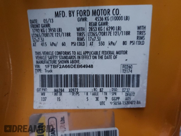 2013 Ford F-250 XL with VIN 1FTBF2A66DEB64948, listed as a Copart auction lot 82051154 with Not Provided miles and Salvage Title. Bid and sale history available at DreamBid. Image 12.