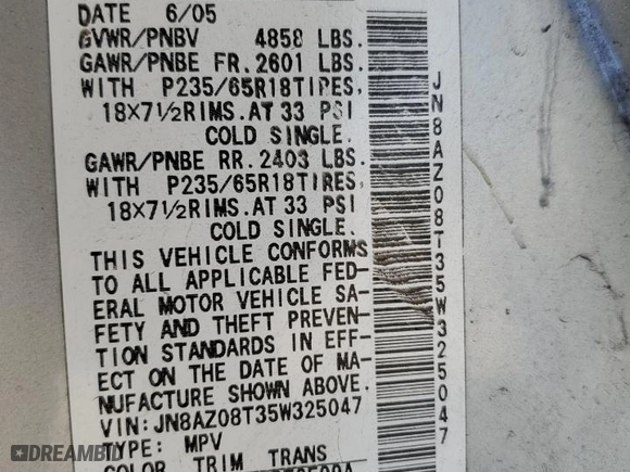 2005 Nissan Murano SL with VIN JN8AZ08T35W325047, listed as a Copart auction lot 69662484 with 132,492 mi miles and Salvage Title. Bid and sale history available at carsss.com. Image 13.
