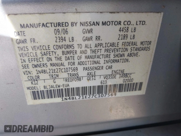 2007 Nissan Altima SL with VIN 1N4BL21E27C107569, listed as a IAAI auction lot 42061514 with 155,040 mi miles and . Bid and sale history available at DreamBid. Image 9.
