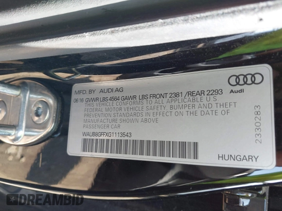 2016 Audi A3 Premium with VIN WAUB8GFFXG1113543, listed as a IAAI auction lot 40386726 with 113,573 mi miles and . Bid and sale history available at DreamBid. Image 9.