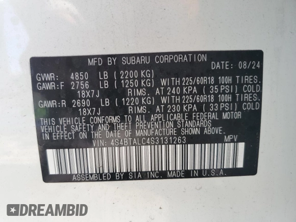 2025 Subaru Outback Onyx Edition with VIN 4S4BTALC4S3131263, listed as a Copart auction lot 44651635 with 788 mi miles and Salvage Title. Bid and sale history available at carsss.com. Image 13.