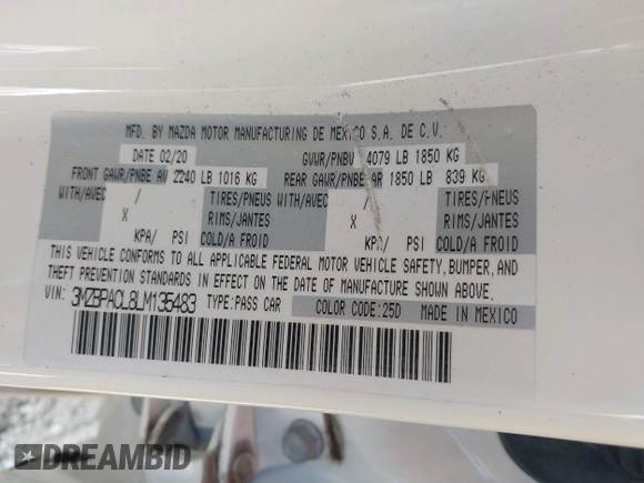2020 Mazda 3 Select with VIN 3MZBPACL8LM135483, listed as a IAAI auction lot 42568802 with 40,466 mi miles and . Bid and sale history available at DreamBid. Image 9.