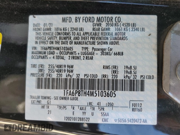 2021 Ford Mustang EcoBoost with VIN 1FA6P8TH4M5103605, listed as a Copart auction lot 58730594 with 63,996 mi miles and Salvage Title. Bid and sale history available at carsss.com. Image 12.