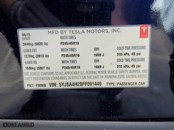2015 Tesla Model S 85D with VIN 5YJSA4H28FF091449, listed as a Copart auction lot 44650715 with 54676 miles and Salvage Title. Bid and sale history available at carsss.com. Image 12.