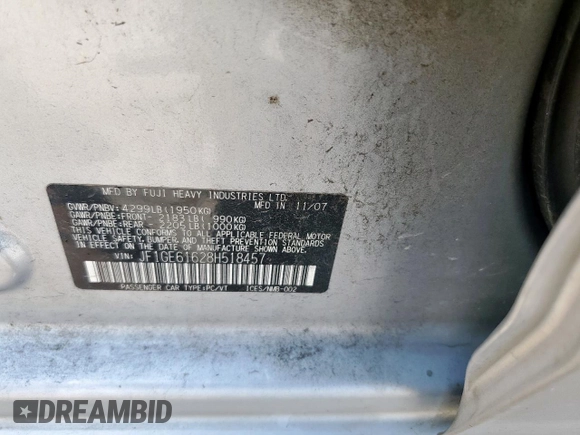 2008 Subaru Impreza i с VIN JF1GE61628H518457, выставлен на аукционе Copart как лот 59130735 с пробегом 262 364 миль миль и Чистый • Clean title. История ставок и продаж доступна на DreamBid. Изображение 13.