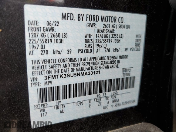 2022 Ford Mustang Mach-E Premium with VIN 3FMTK3SU5NMA30121, listed as a Copart auction lot 58409445 with 28,377 mi miles and Salvage title. Bid and sale history available at DreamBid. Image 13.