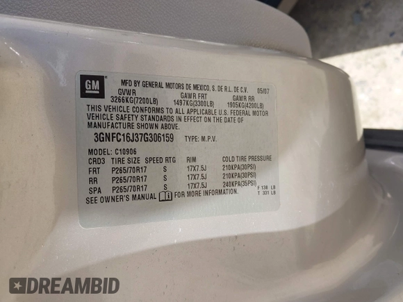 2007 Chevrolet Suburban LT с VIN 3GNFC16J37G306159, выставлен на аукционе IAAI как лот 41746563 с пробегом 289 770 миль миль и . История ставок и продаж доступна на DreamBid. Изображение 9.