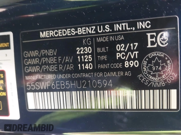 2017 Mercedes-Benz C 43 AMG with VIN 55SWF6EB5HU210594, listed as a IAAI auction lot 41709797 with 63,215 mi miles and . Bid and sale history available at DreamBid. Image 9.
