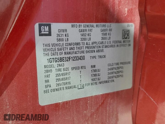 2015 GMC Canyon 2WD SLE with VIN 1GTG5BE32F1233430, listed as a Copart auction lot 47898925 with 59,149 mi miles and Salvage Title. Bid and sale history available at DreamBid. Image 12.