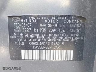 2007 Hyundai Elantra GLS with VIN KMHDU46D57U148215, listed as a IAAI auction lot 41702934 with 147,561 mi miles. Bid and sale history available at carsss.com. Image 9.