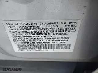 2008 Honda Pilot VP with VIN 5FNYF28278B020066, listed as a IAAI auction lot 40987012 with 210,188 mi miles. Bid and sale history available at carsss.com. Image 9.