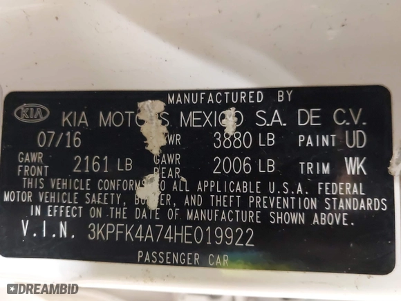 2017 Kia Forte LX with VIN 3KPFK4A74HE019922, listed as a IAAI auction lot 41795775 with 13,271 mi miles. Bid and sale history available at carsss.com. Image 9.
