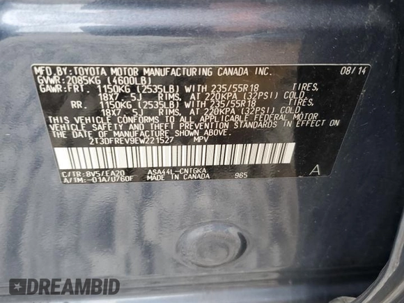 2014 Toyota RAV4 Limited with VIN 2T3DFREV9EW221527, listed as a Copart auction lot 61225505 with 104,286 mi miles and Salvage title. Bid and sale history available at DreamBid. Image 14.